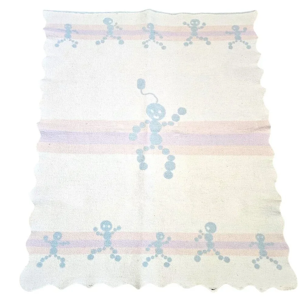 Vintage 1950s‎ Baby Blanket Reversible Blue White Scalloped Edge Circles Fleece